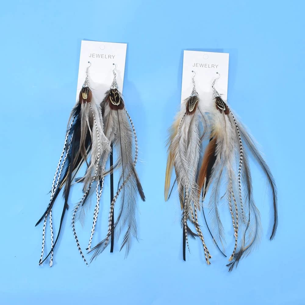 Punk Vintage Long Tassel Feather Beads Drop Wolf Tooth Pendant Earring Fish Hook Earrings Brown A