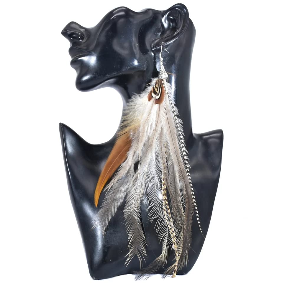 Punk Vintage Long Tassel Feather Beads Drop Wolf Tooth Pendant Earring Fish Hook Earrings Brown A