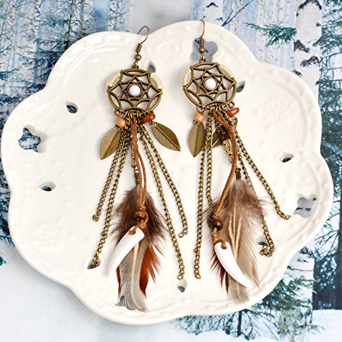 Punk Vintage Long Tassel Feather Beads Drop Wolf Tooth Pendant Earring Fish Hook Earrings Brown A