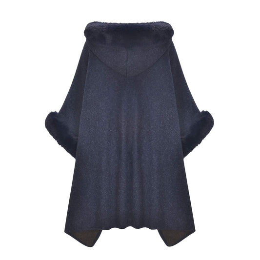 Women Winter Fashion Faux Fur Trim Layers Hooded Cardigan Warm Cape Sweater Cloak Navy