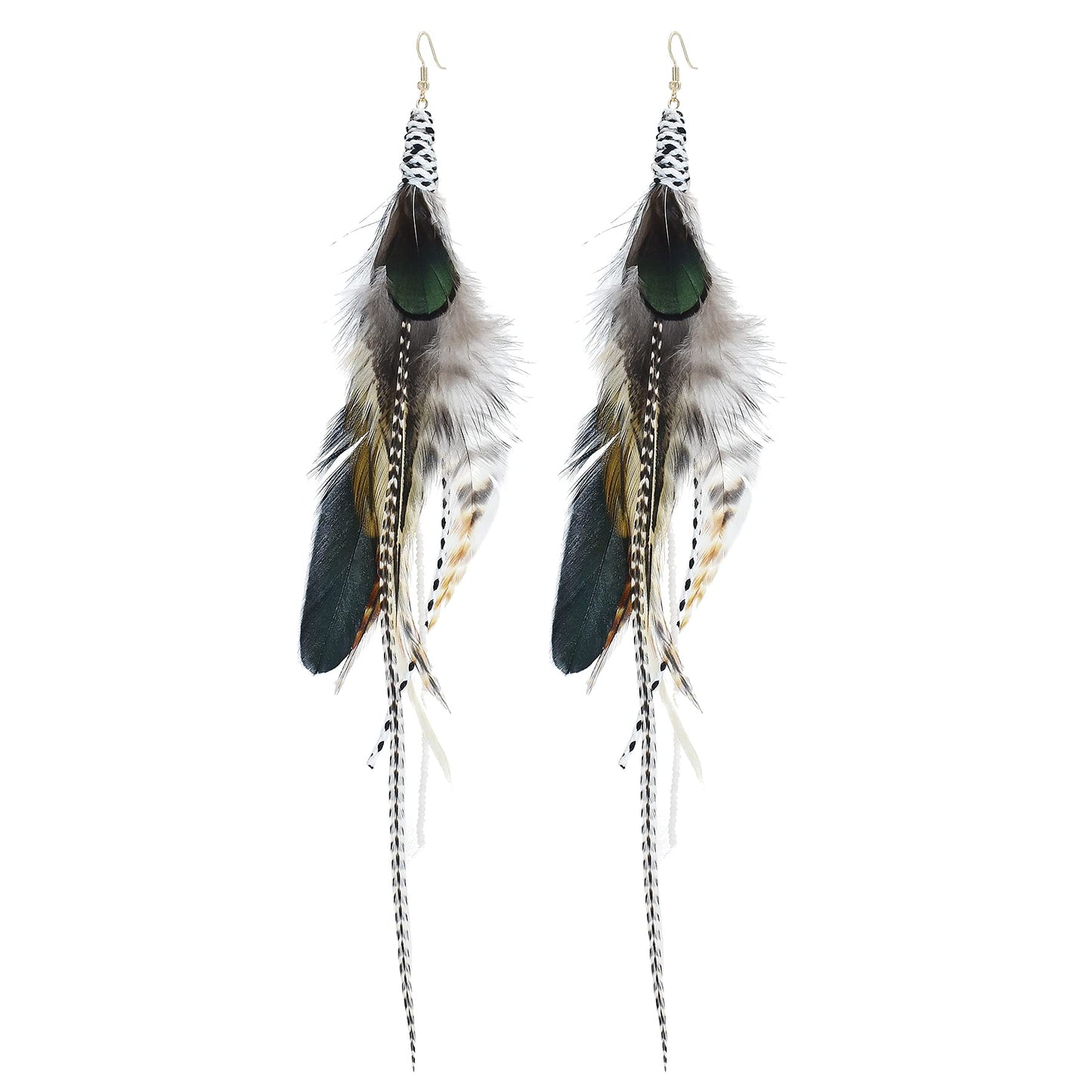 Punk Vintage Long Tassel Feather Beads Drop Wolf Tooth Pendant Earring Fish Hook Earrings Brown A