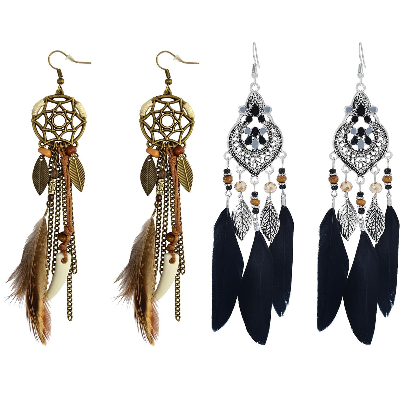 Punk Vintage Long Tassel Feather Beads Drop Wolf Tooth Pendant Earring Fish Hook Earrings Brown A