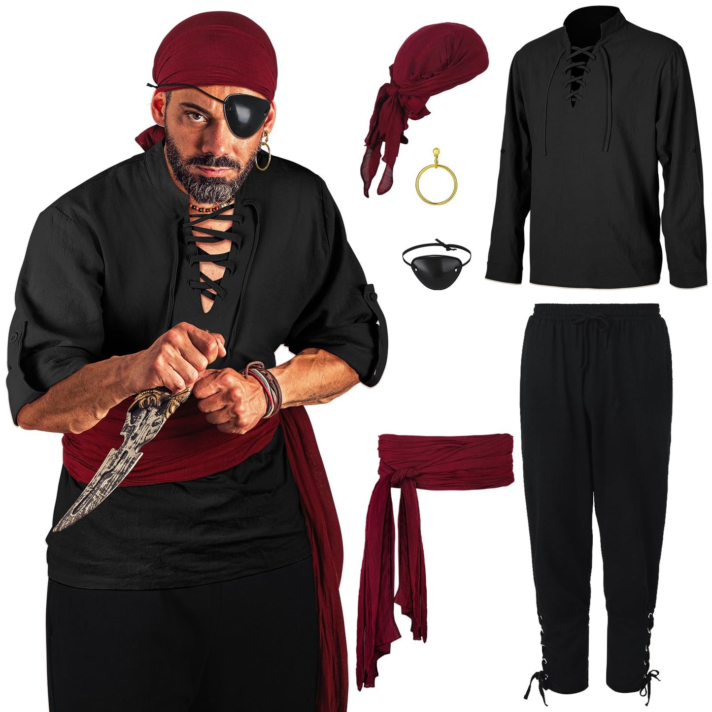 Leumoi 6 Pcs Men's Pirate Costume Men's Renaissance Medieval Viking Shirt Banded Pants Bandana Sash Belt Eye Patch Earrings Small Apricot, Black, Wine Red