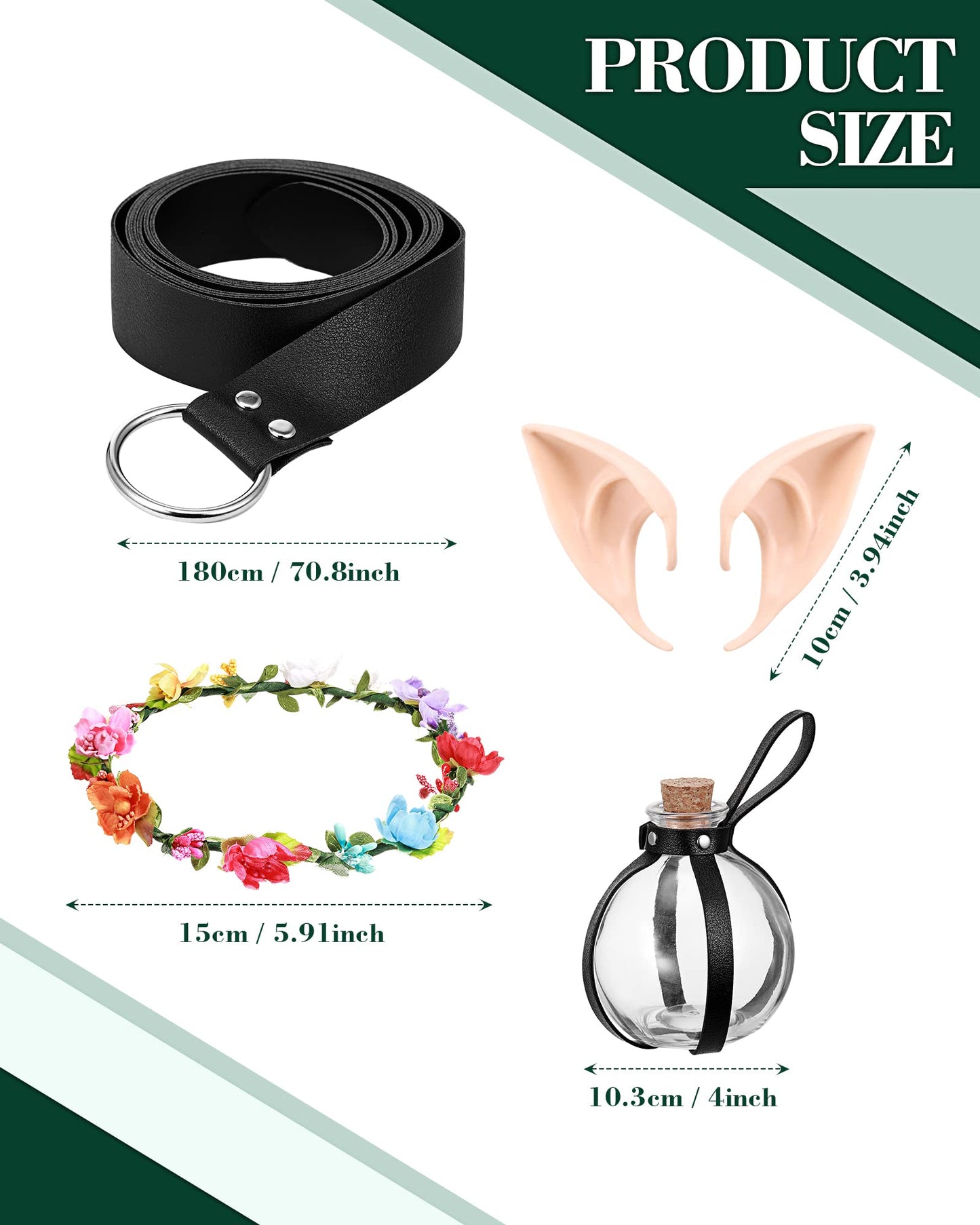 Medium Medieval Women Costume Renaissance Dress Fairy Elf Ears Headband Viking Belt Potion Bottle for Masquerade Party - 5 Pcs Set