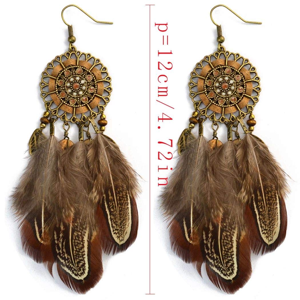 Punk Vintage Long Tassel Feather Beads Drop Wolf Tooth Pendant Earring Fish Hook Earrings Brown A