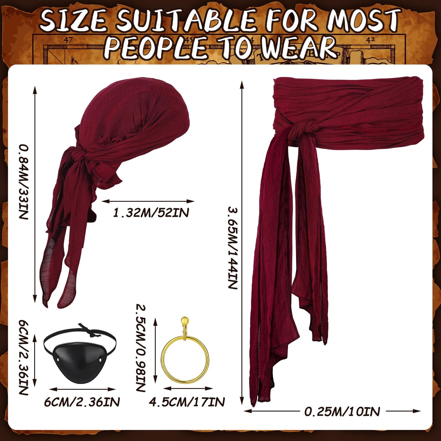 Leumoi 6 Pcs Men's Pirate Costume Men's Renaissance Medieval Viking Shirt Banded Pants Bandana Sash Belt Eye Patch Earrings Small Apricot, Black, Wine Red