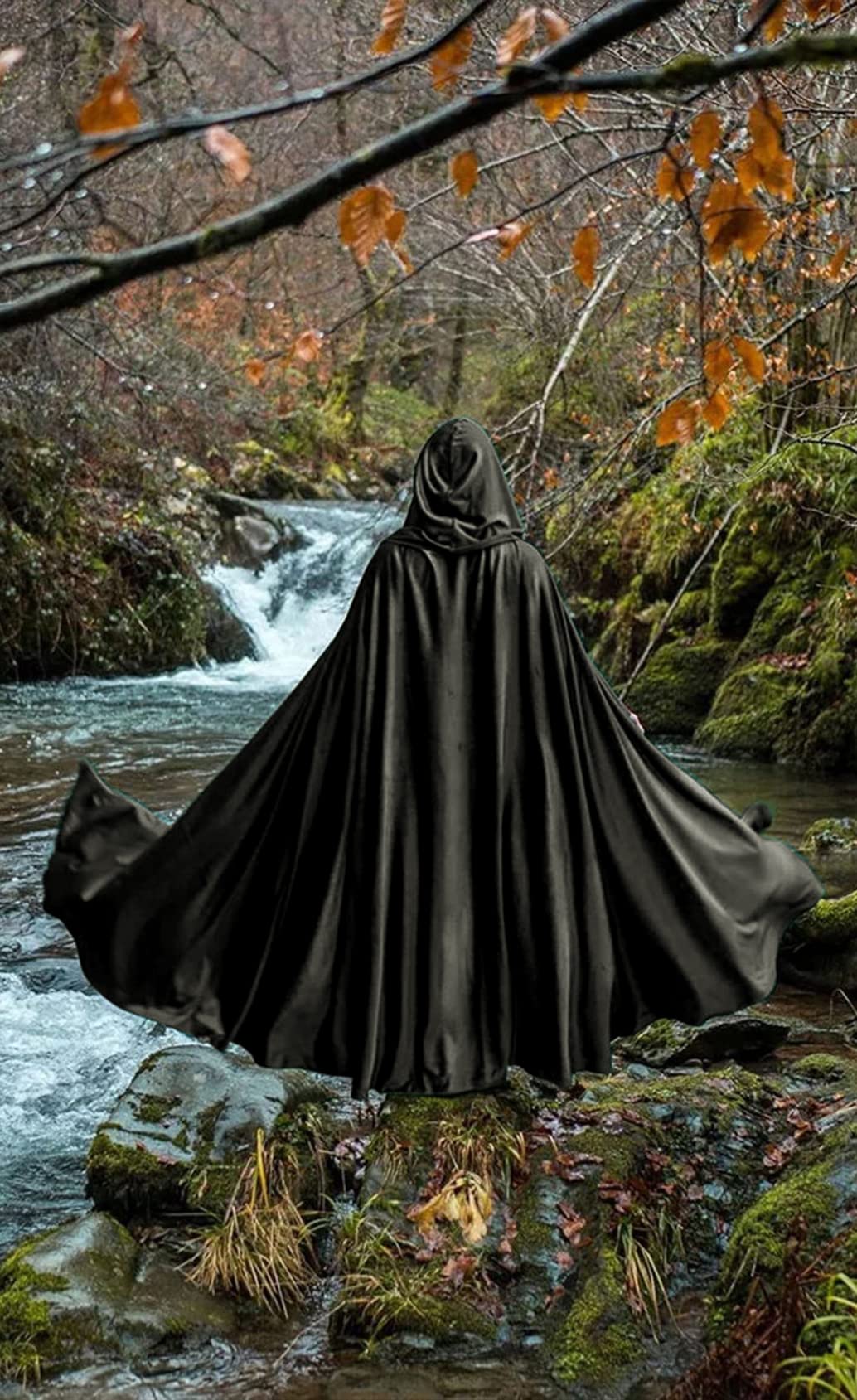 HOMELEX Black Witch Velvet Cloak Halloween Maleficent Hooded Cape Queen King Robe Outfit Renaissance Medieval Costume Green