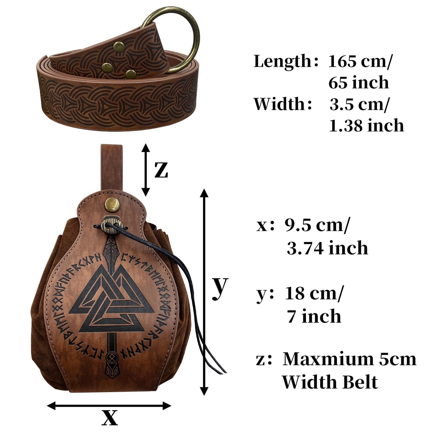 HiiFeuer Medieval O Ring Belt with Portable Drawstring Pouch, Retro Renaissance Faux Leather Belt and Purse Set for LARP Brown C