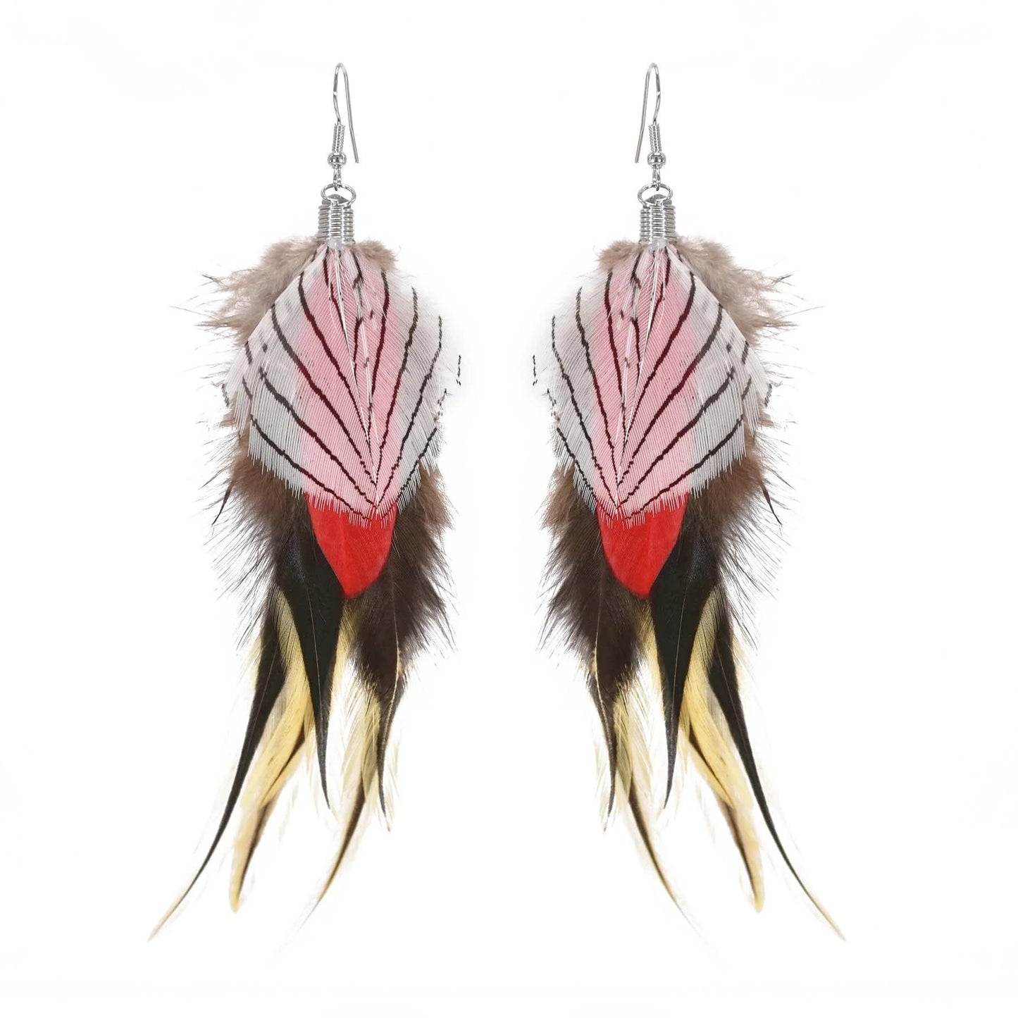 Punk Vintage Long Tassel Feather Beads Drop Wolf Tooth Pendant Earring Fish Hook Earrings Brown A