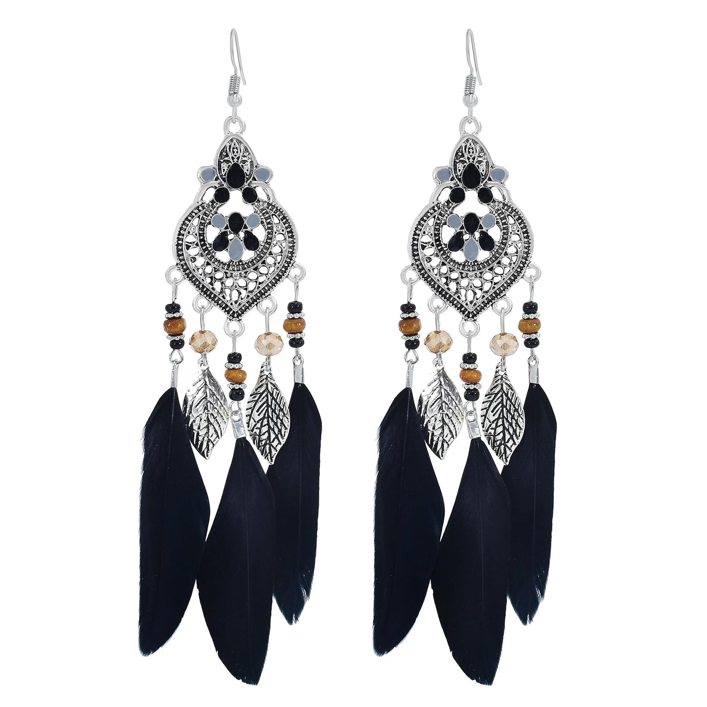 Punk Vintage Long Tassel Feather Beads Drop Wolf Tooth Pendant Earring Fish Hook Earrings Brown A