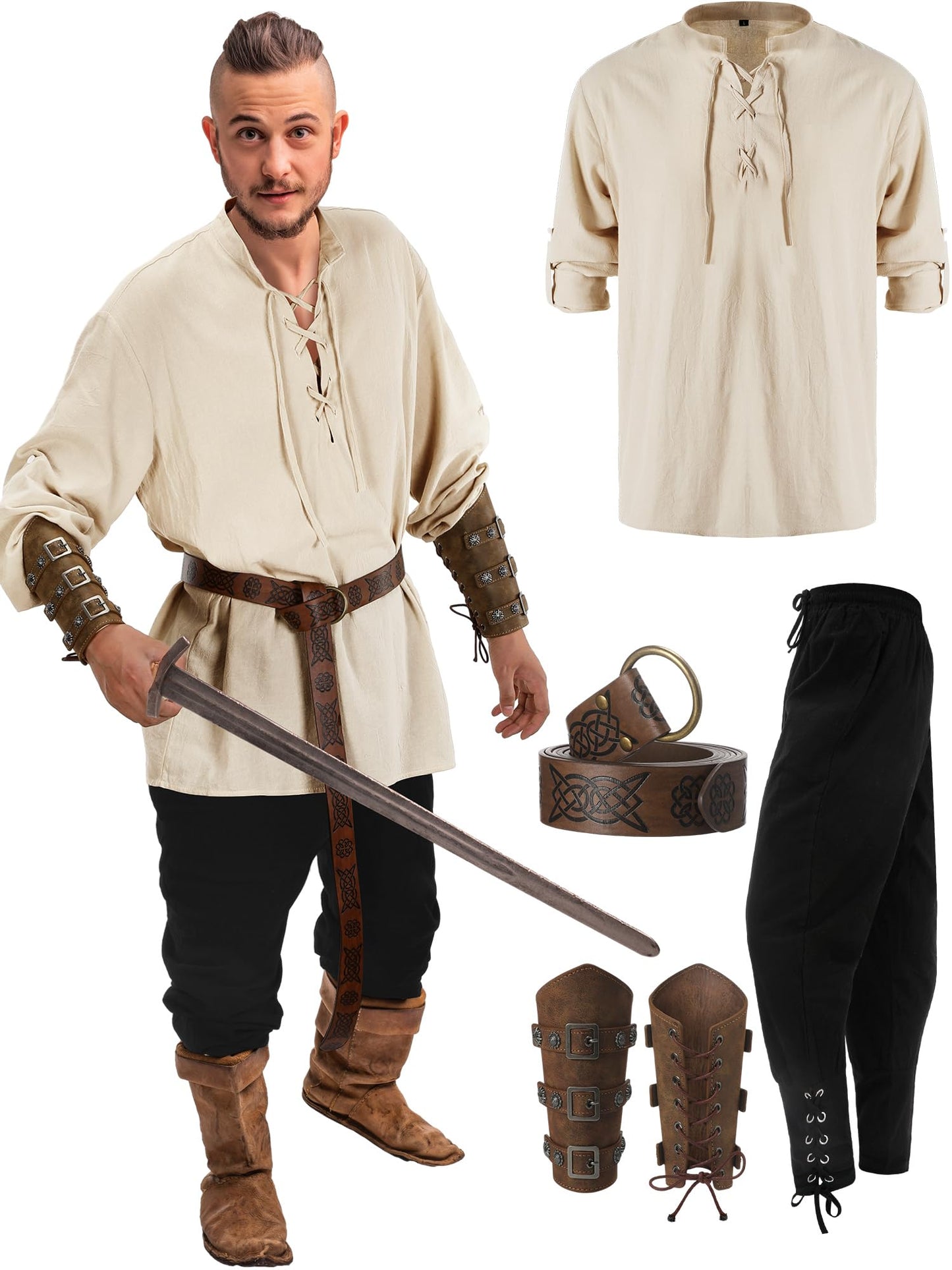 Jiuguva 4 Pcs Halloween Men's Renaissance Costume Set Medieval Pirate Shirt Ankle Banded Pants Viking Belt Accessories Classic Color Large