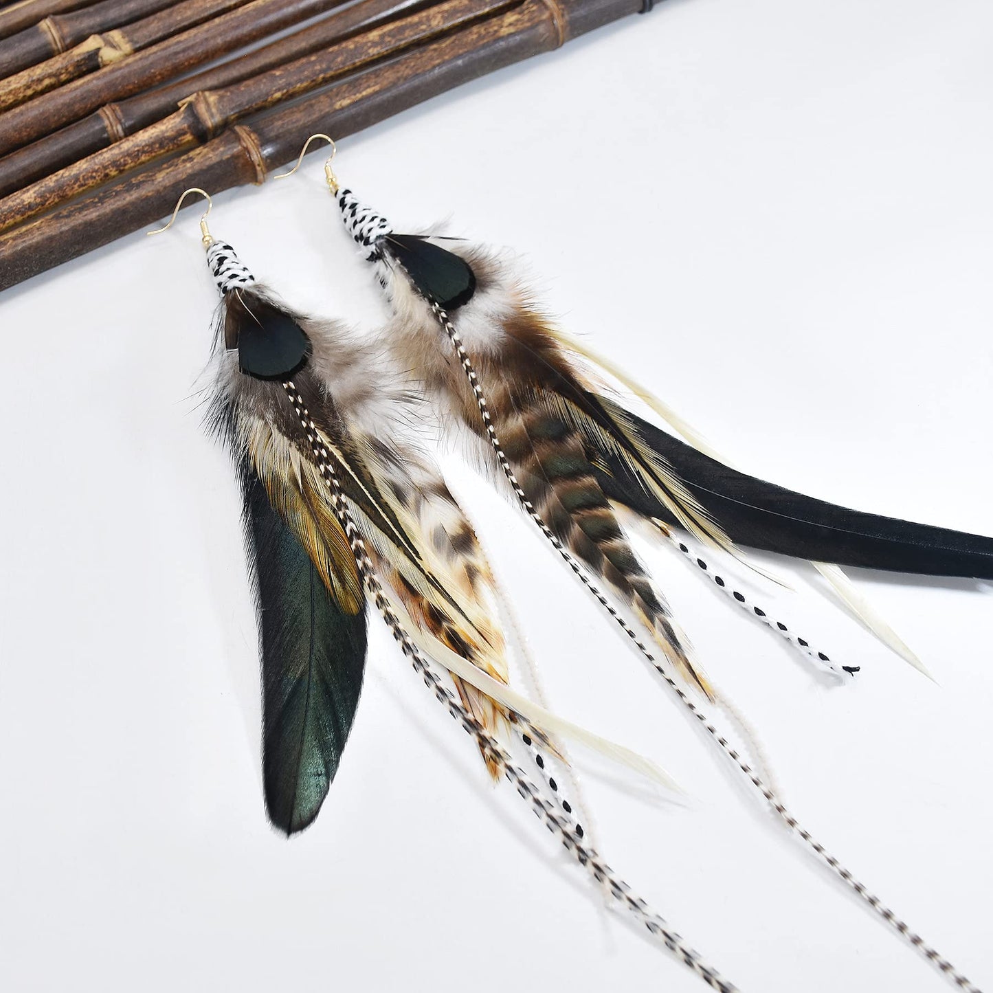 Punk Vintage Long Tassel Feather Beads Drop Wolf Tooth Pendant Earring Fish Hook Earrings Brown A