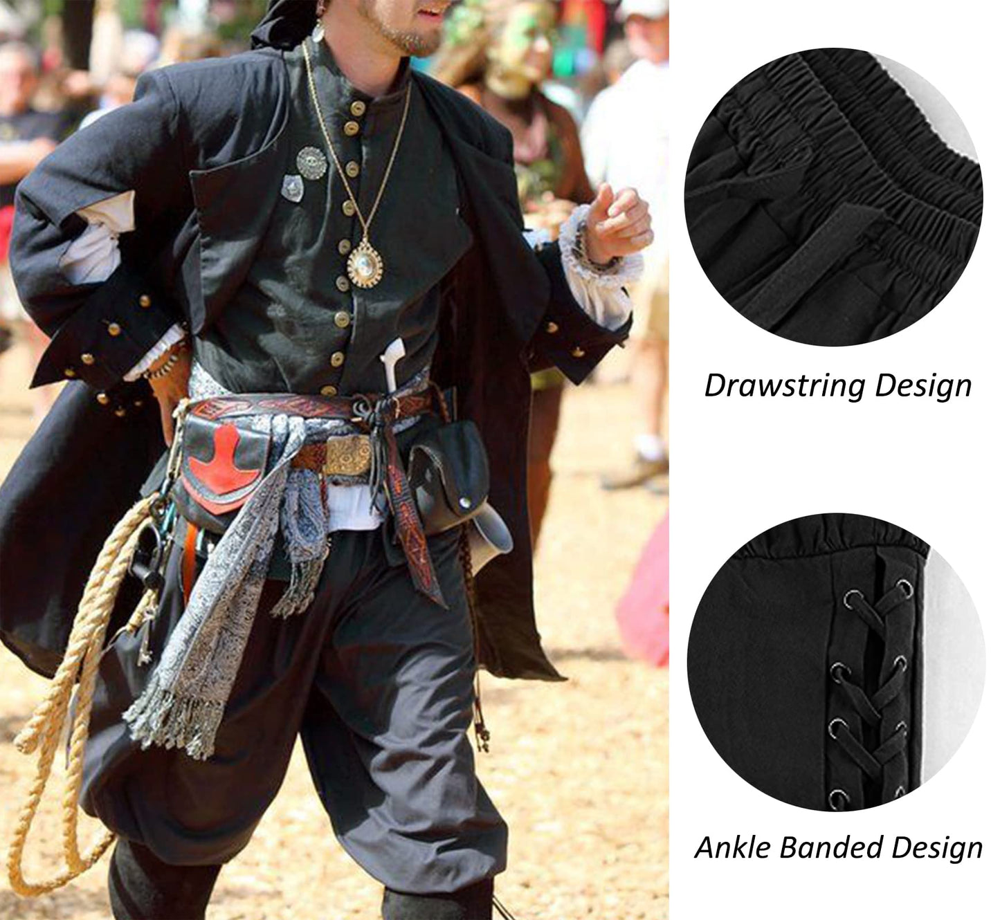 Men's Ankle Banded Pants Medieval Viking Navigator Pirate Costume Trousers Renaissance Gothic Pants Large Black-short