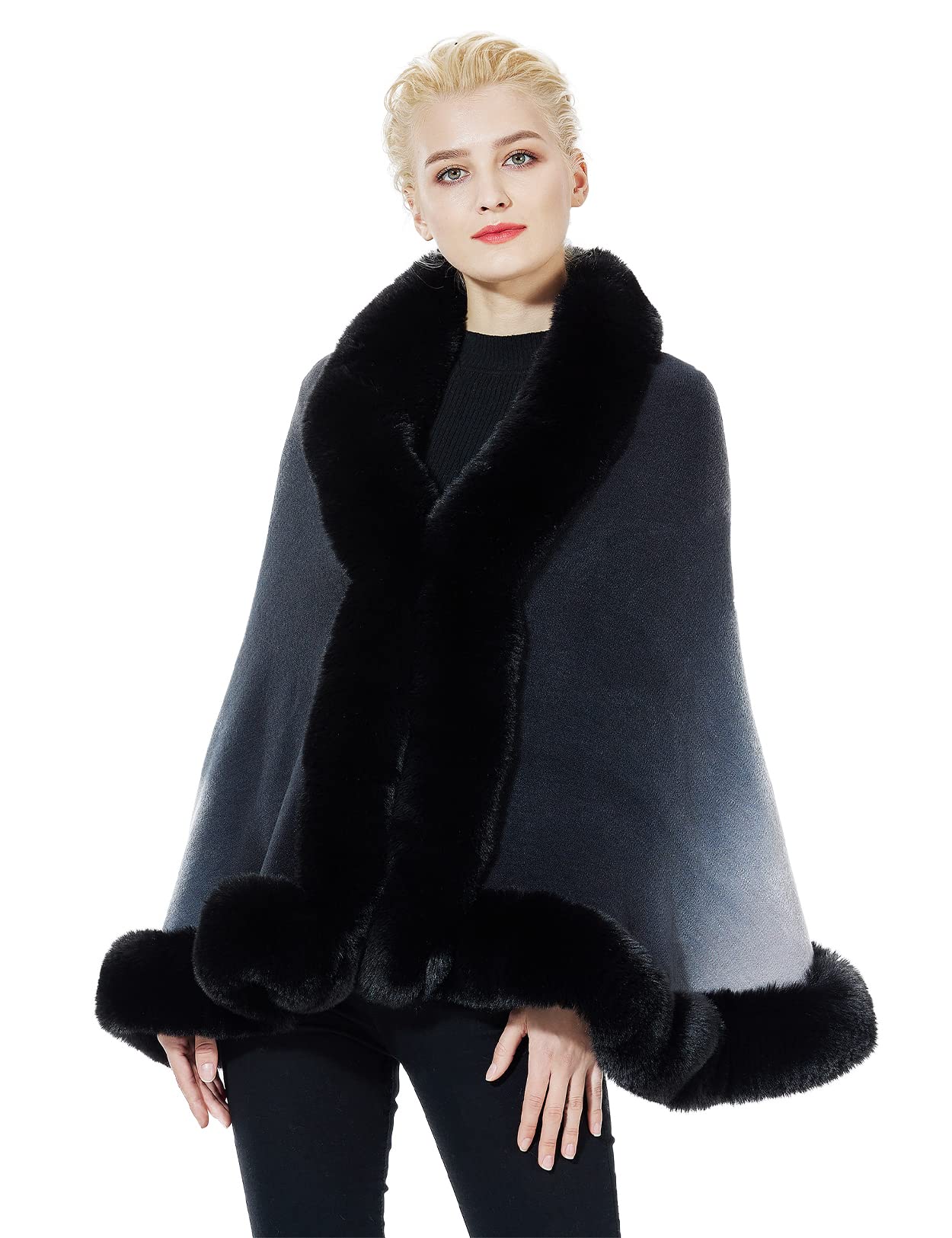 Faux Fur Shawl Wrap Stole Capelet Bridal Winter Wedding with Hook Hooded-black