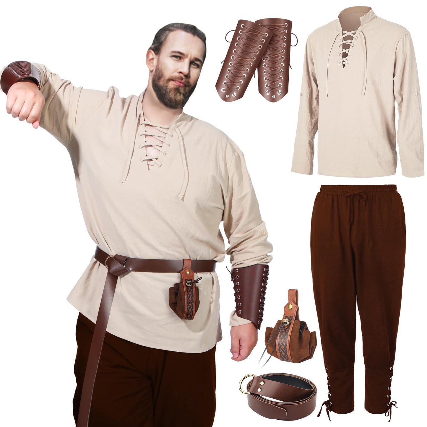 Jeyiour Men's Renaissance Costume Set Medieval Shirt Pirate Outfit Cosplay Viking Ankle Pants Belt Pouch Armband Beige, Black X-Large