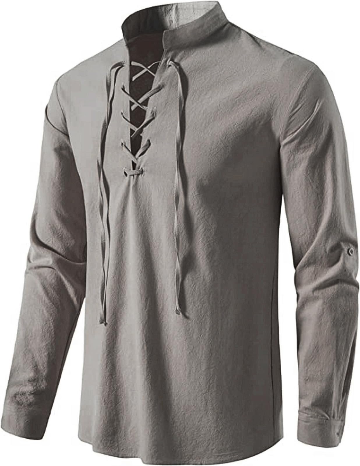 Men's Long Sleeve Shirts Retro Style Lace up for Medieval,Viking,Hippie Halloween Cosplay Pirate Renaissance Costume Small Khaki