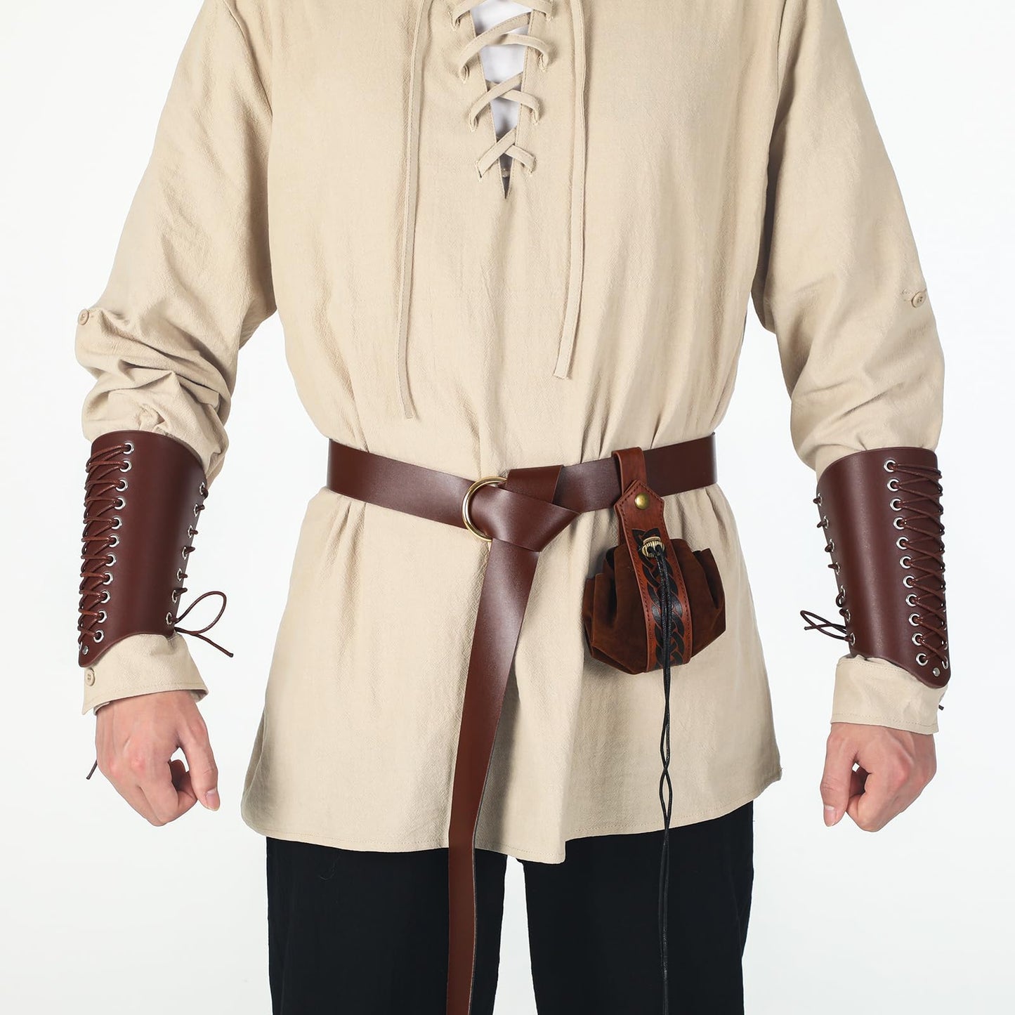 Jeyiour Men's Renaissance Costume Set Medieval Shirt Pirate Outfit Cosplay Viking Ankle Pants Belt Pouch Armband Beige, Black X-Large