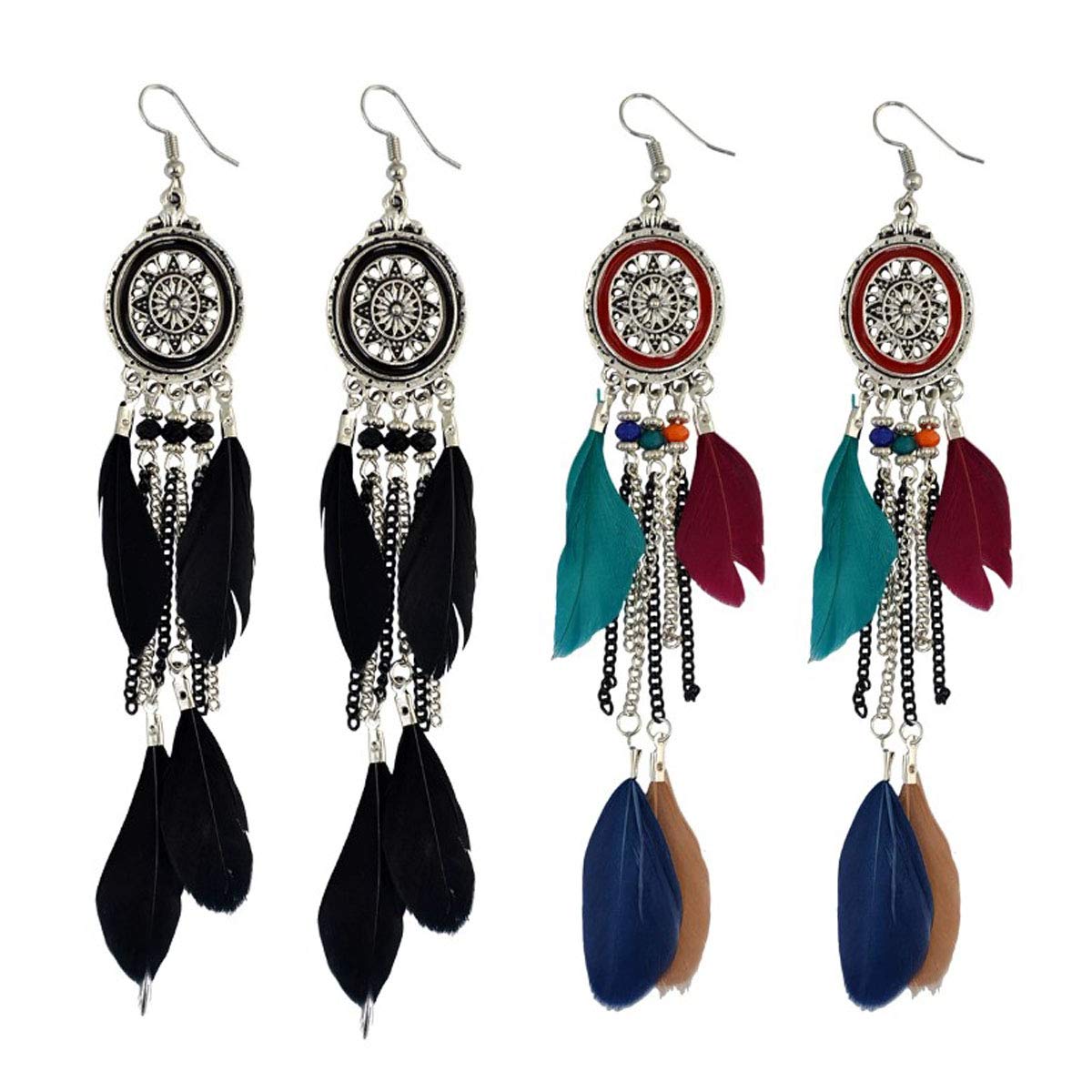 Punk Vintage Long Tassel Feather Beads Drop Wolf Tooth Pendant Earring Fish Hook Earrings Brown A