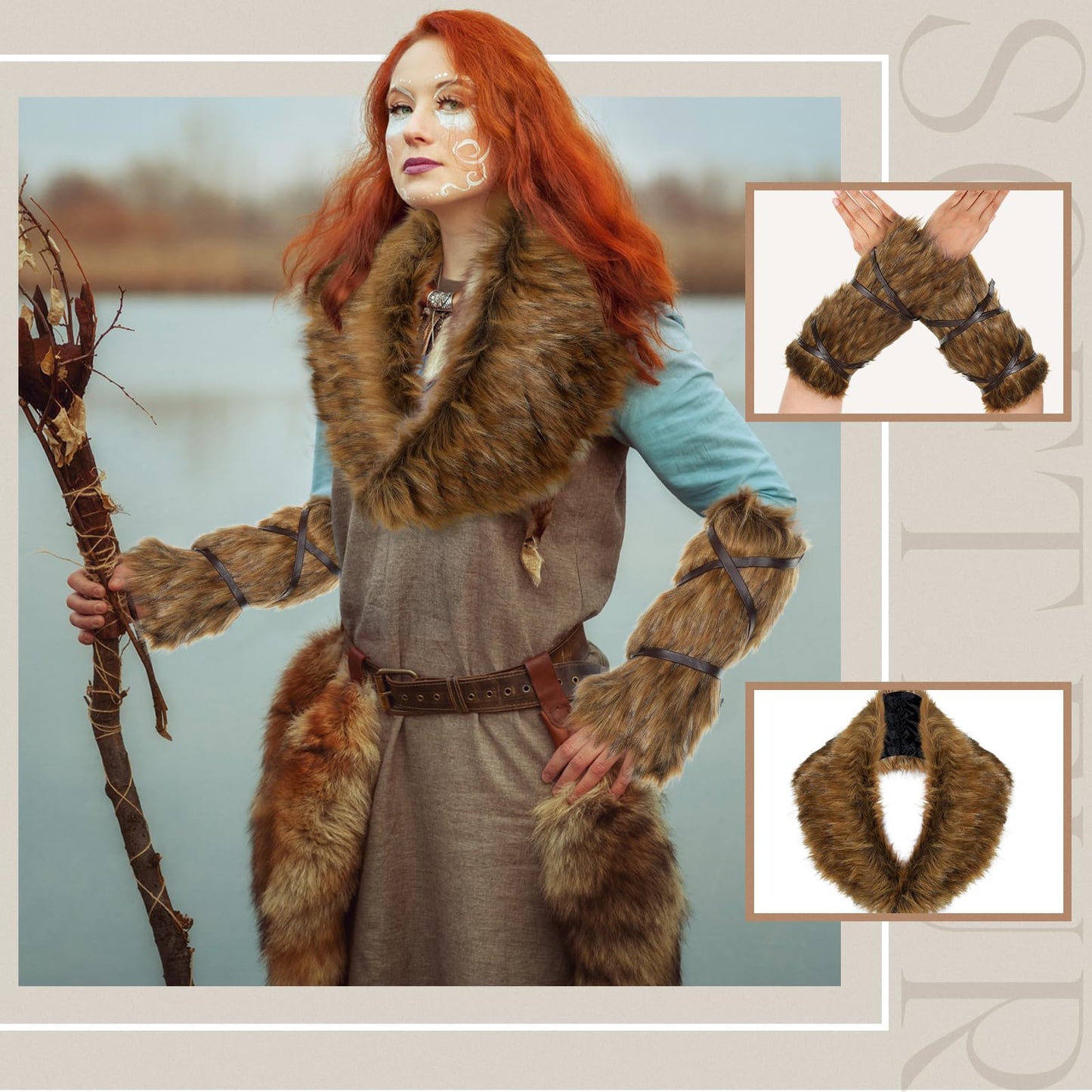 Xtinmee 5 Pieces Halloween Viking Costume, Viking Fur, Viking Faux Fur Collar, Fur Leg Warmer, Fur Hand Warmers, Viking Fur Classic Style