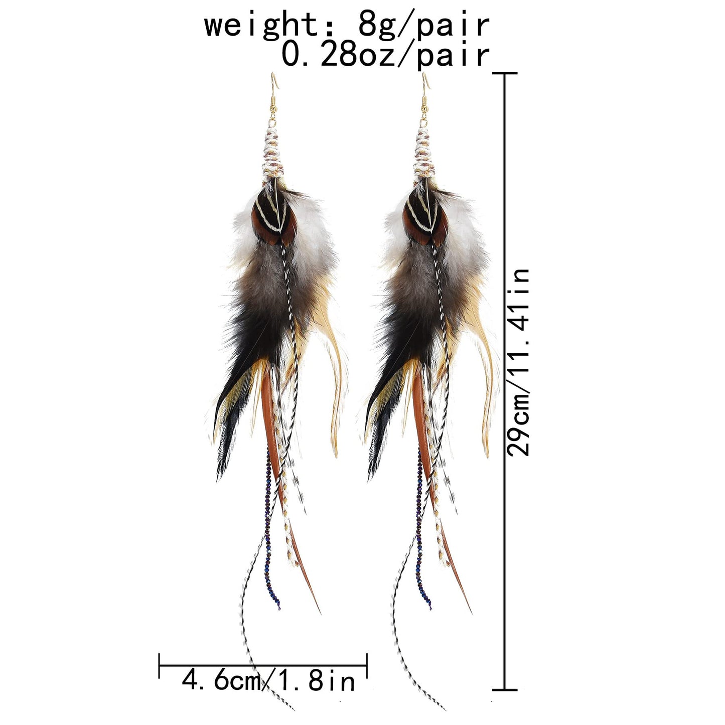 Punk Vintage Long Tassel Feather Beads Drop Wolf Tooth Pendant Earring Fish Hook Earrings Brown A