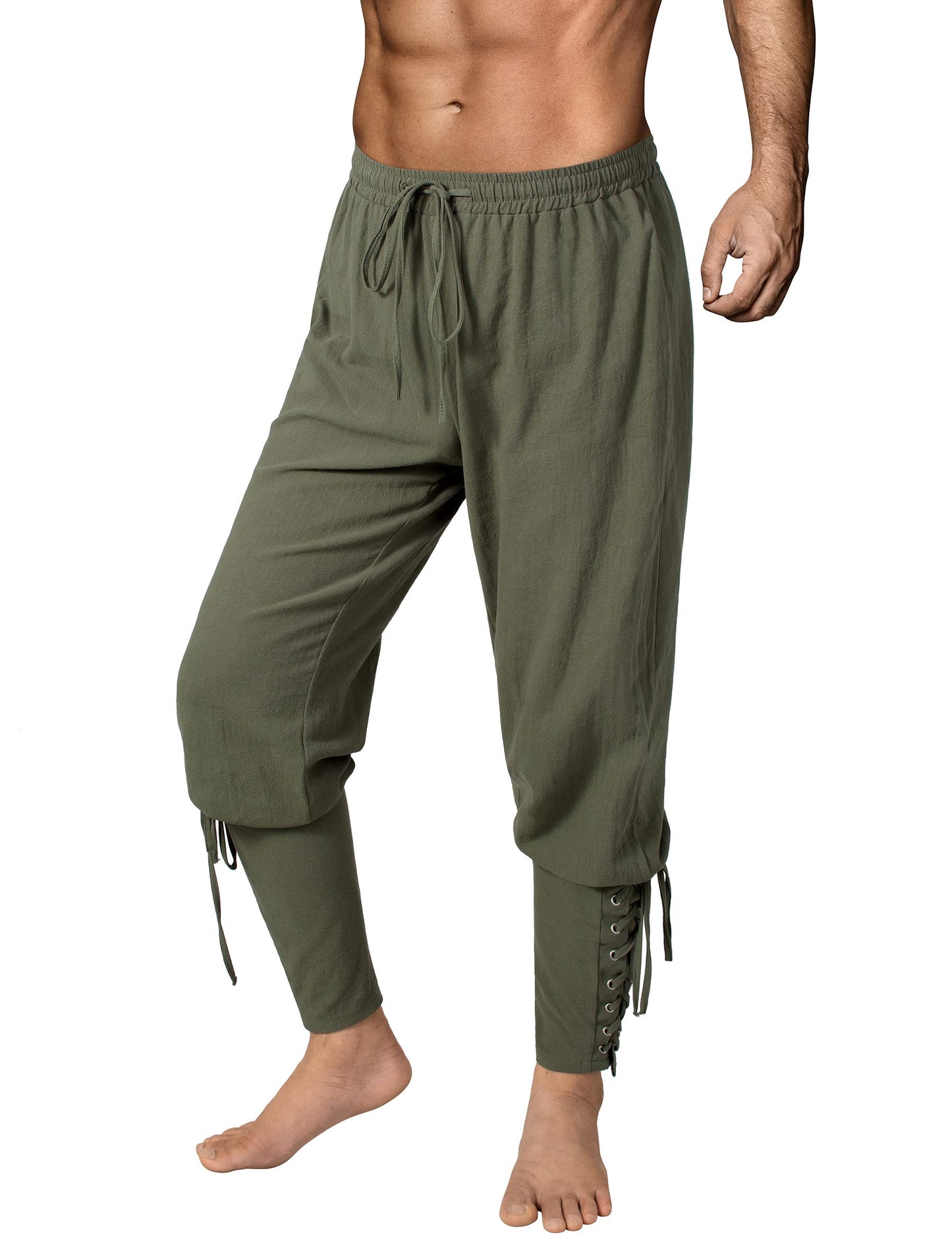 Men's Medieval Ankle Pants - Viking Pirate Renaissance Costume Trousers with Drawstrings & Banded Cuffs 28,29 Army Green