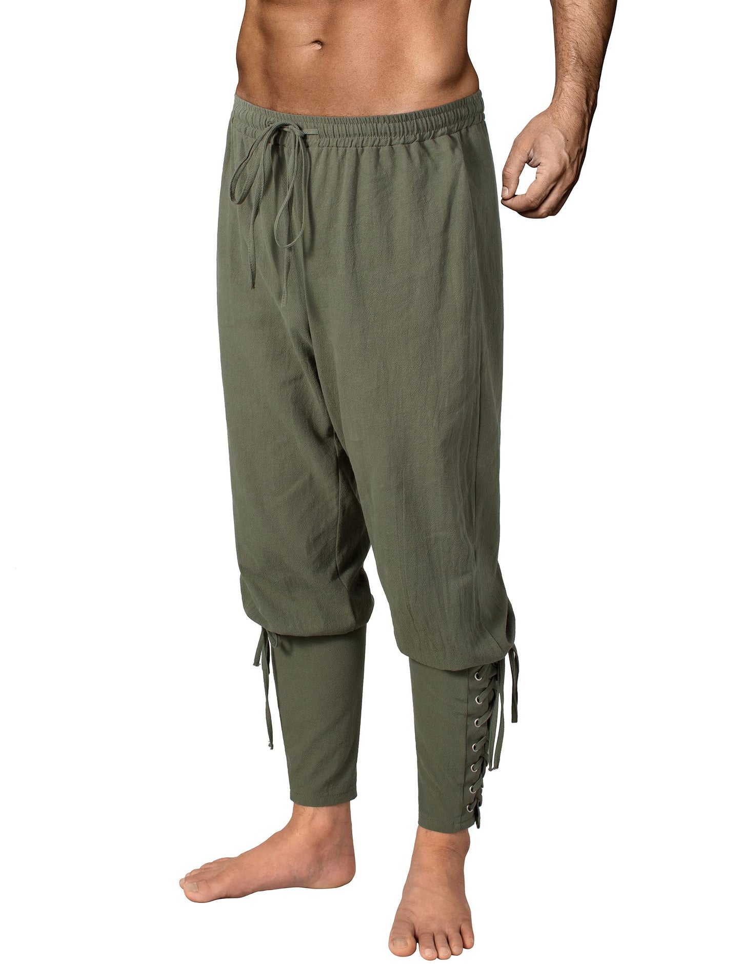 Men's Medieval Ankle Pants - Viking Pirate Renaissance Costume Trousers with Drawstrings & Banded Cuffs 28,29 Army Green