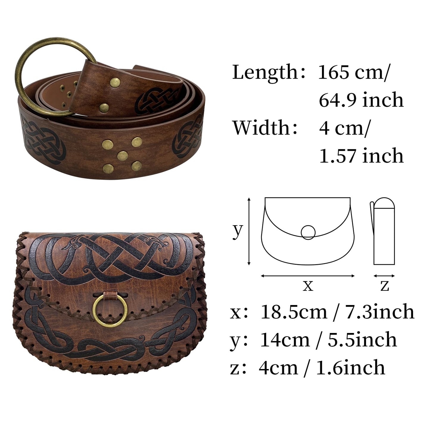 Medieval Viking Embossed O Ring Belt with Nordic Embossed Belt Bag