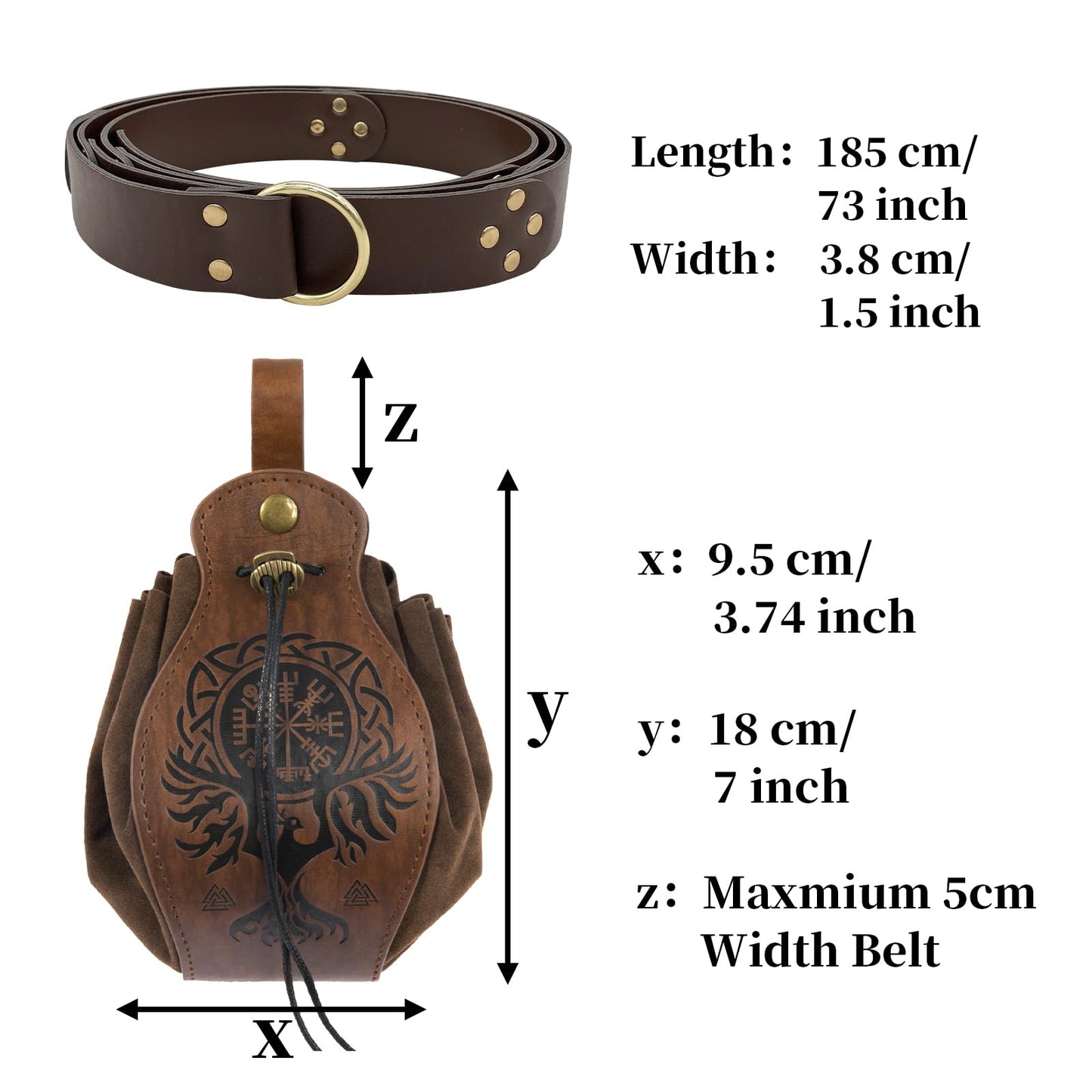 HiiFeuer Medieval O Ring Belt with Portable Drawstring Pouch, Retro Renaissance Faux Leather Belt and Purse Set for LARP Brown C