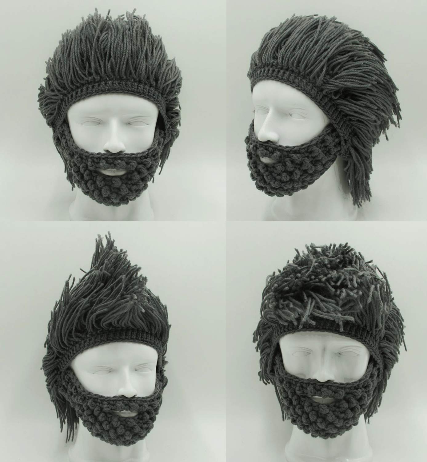 MerryJuly Men's Head Barbarian Vagabond Beanie Original Foldaway Beard Hats Viking Horns Bearded Caps One Size Viking Horns&brown Beard