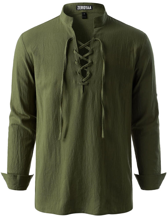 ZEROYAA Men's Medieval Vintage Long Sleeve Lace Up Shirt Renaissance Costume for Halloween Viking Pirate Cosplay XX-Large Army Green