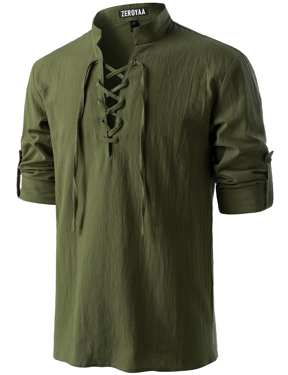 ZEROYAA Men's Medieval Vintage Long Sleeve Lace Up Shirt Renaissance Costume for Halloween Viking Pirate Cosplay X-Large Army Green