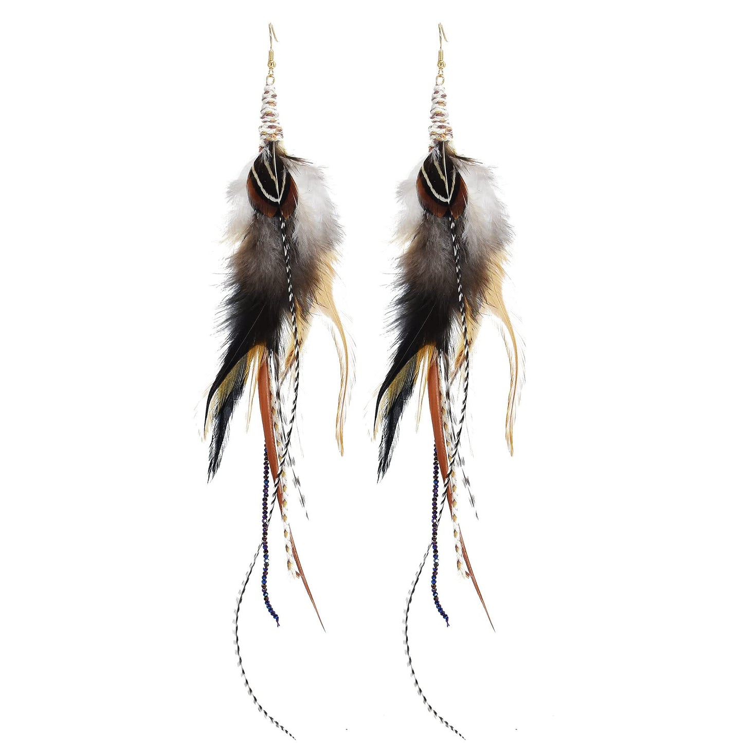 Punk Vintage Long Tassel Feather Beads Drop Wolf Tooth Pendant Earring Fish Hook Earrings Brown A