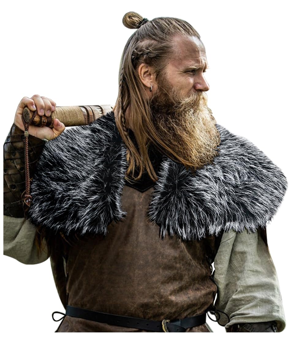 L'VOW Men's Viking Fur Collar Medieval Renaissance Wrap King Warrior Cape Shawl Halloween LARP Winter Cosplay Costume Brown-1