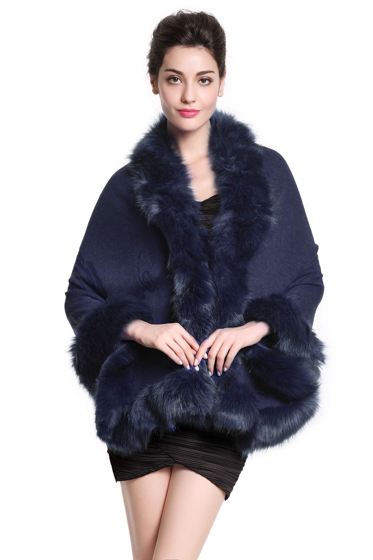 Faux Fur Shawl Wrap Stole Capelet Bridal Winter Wedding with Hook Hooded-black