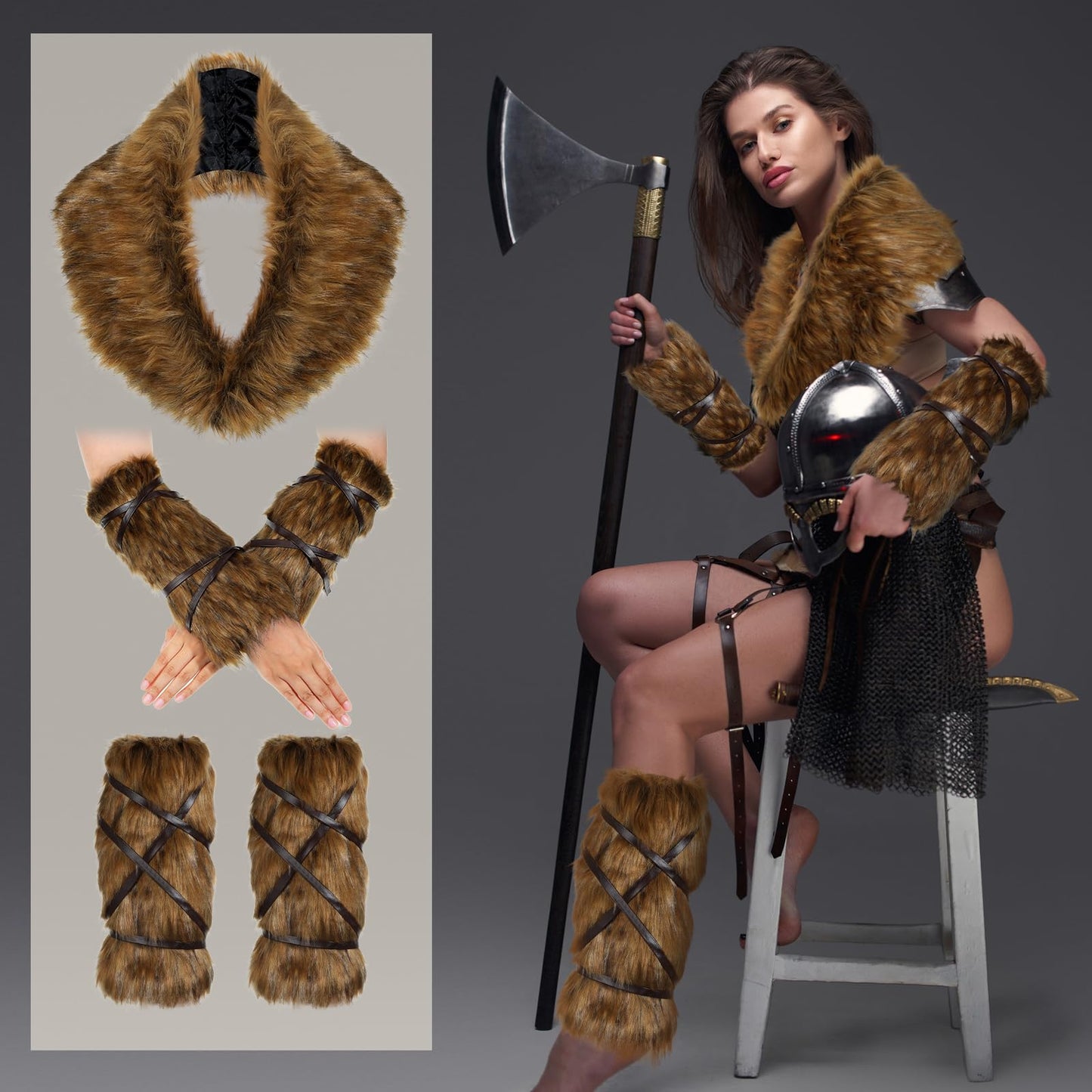 Xtinmee 5 Pieces Halloween Viking Costume, Viking Fur, Viking Faux Fur Collar, Fur Leg Warmer, Fur Hand Warmers, Viking Fur Classic Style