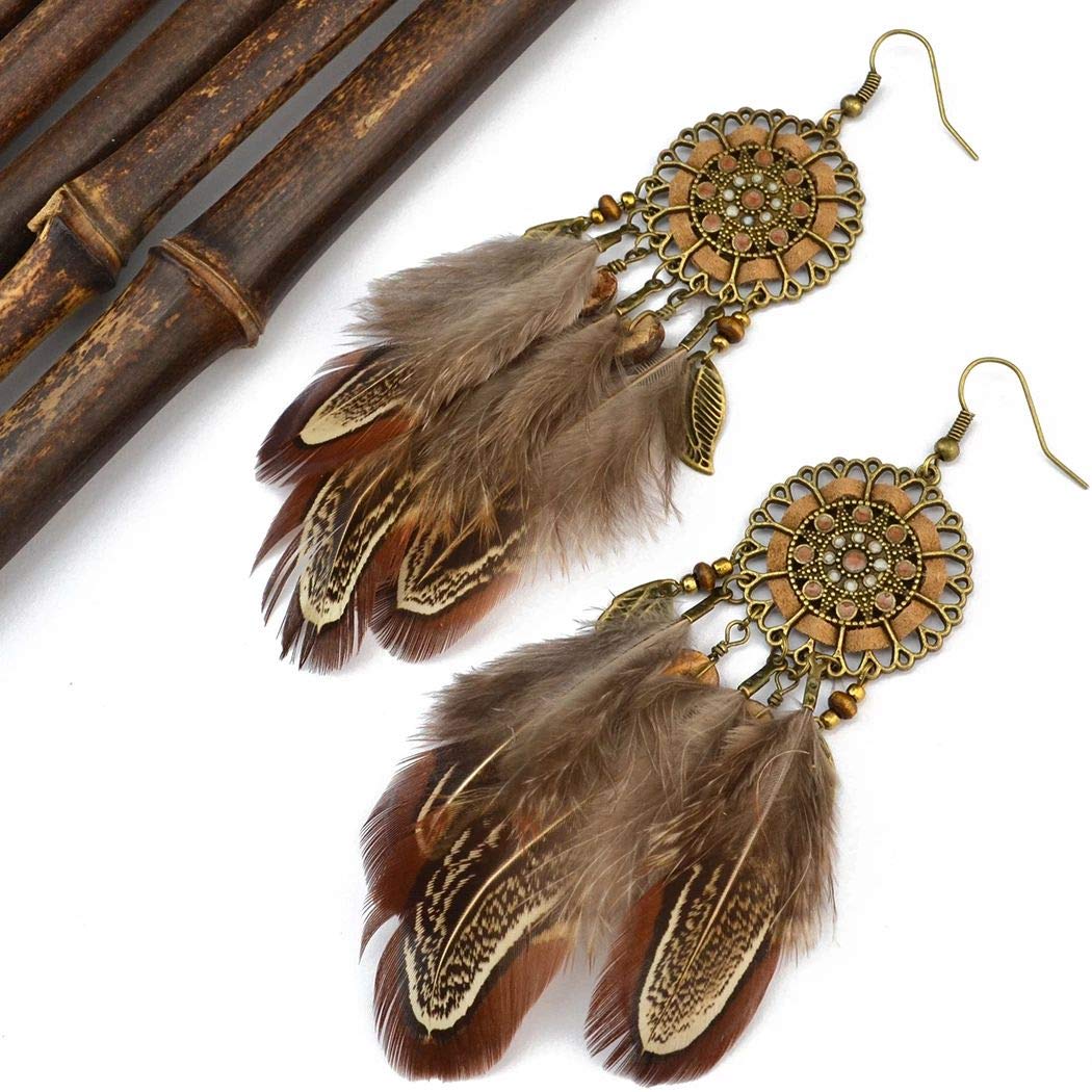 Punk Vintage Long Tassel Feather Beads Drop Wolf Tooth Pendant Earring Fish Hook Earrings Brown A