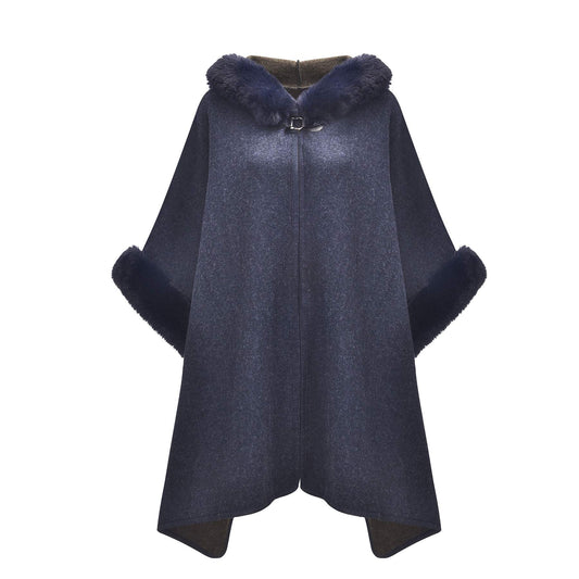 Women Winter Fashion Faux Fur Trim Layers Hooded Cardigan Warm Cape Sweater Cloak Navy