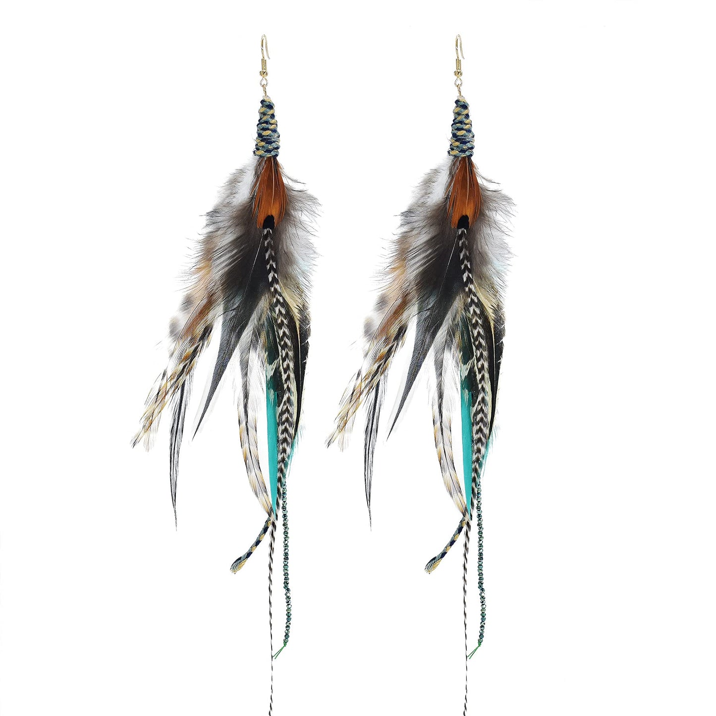 Punk Vintage Long Tassel Feather Beads Drop Wolf Tooth Pendant Earring Fish Hook Earrings Brown A