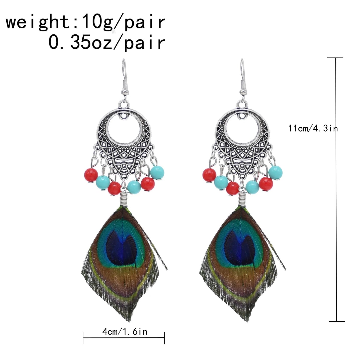 Punk Vintage Long Tassel Feather Beads Drop Wolf Tooth Pendant Earring Fish Hook Earrings Brown A