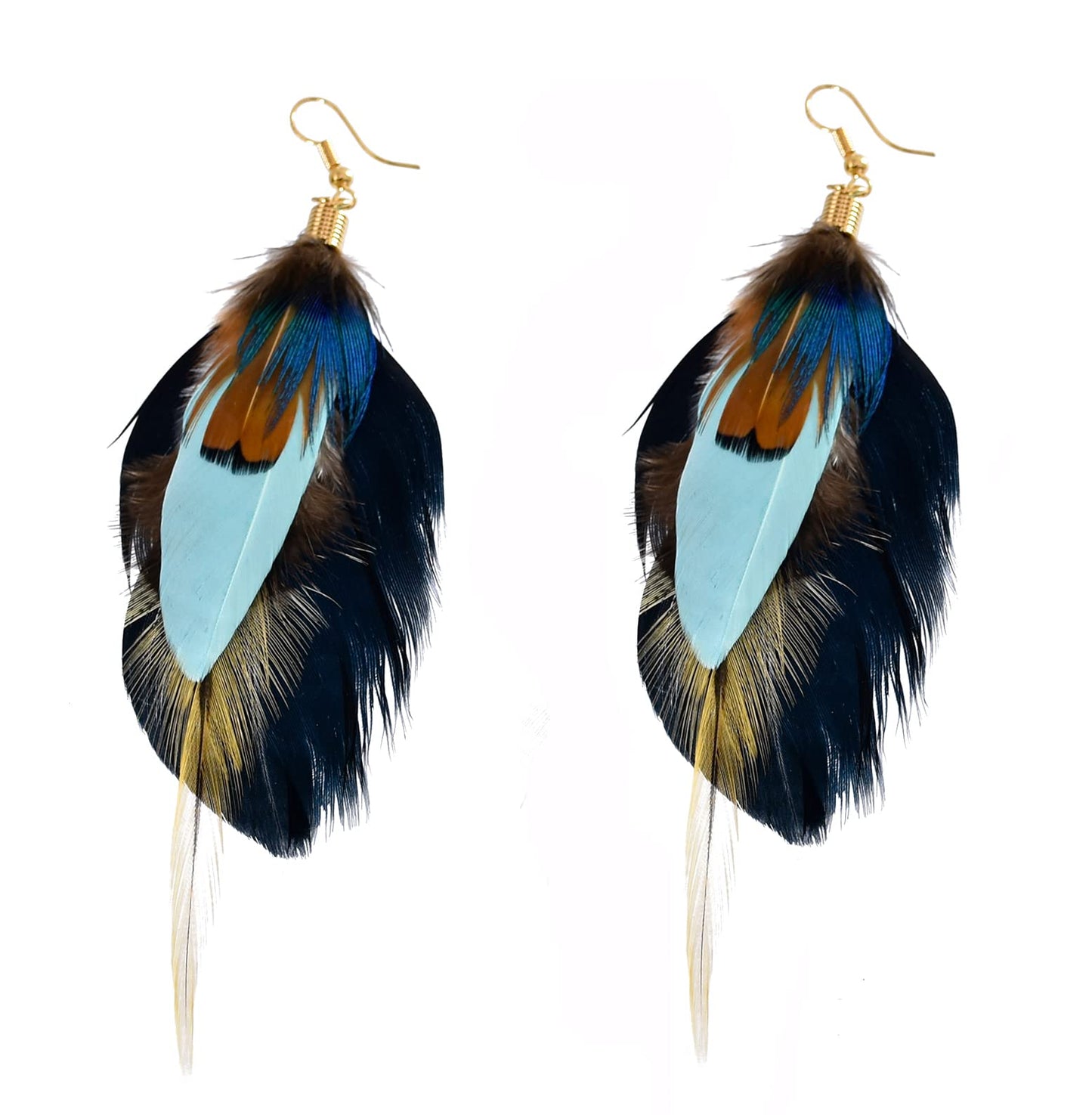 Punk Vintage Long Tassel Feather Beads Drop Wolf Tooth Pendant Earring Fish Hook Earrings Brown A