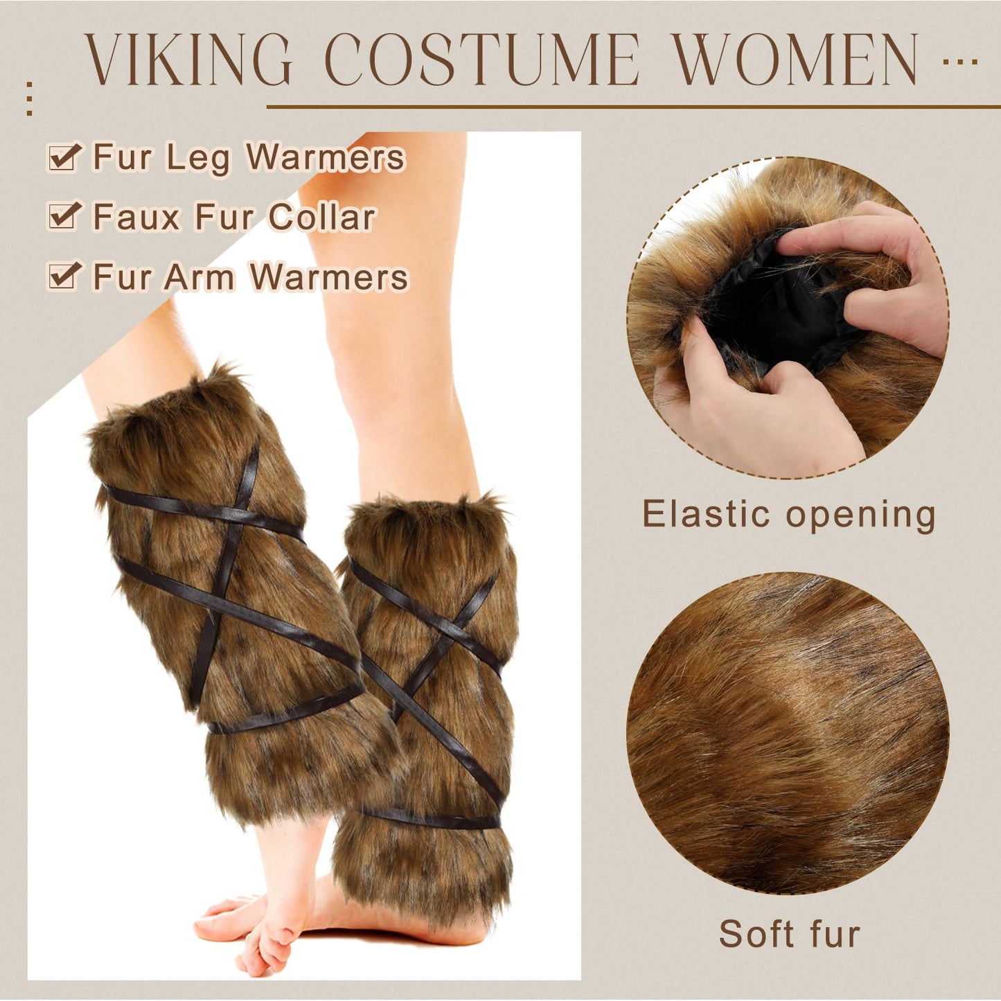 Xtinmee 5 Pieces Halloween Viking Costume, Viking Fur, Viking Faux Fur Collar, Fur Leg Warmer, Fur Hand Warmers, Viking Fur Classic Style