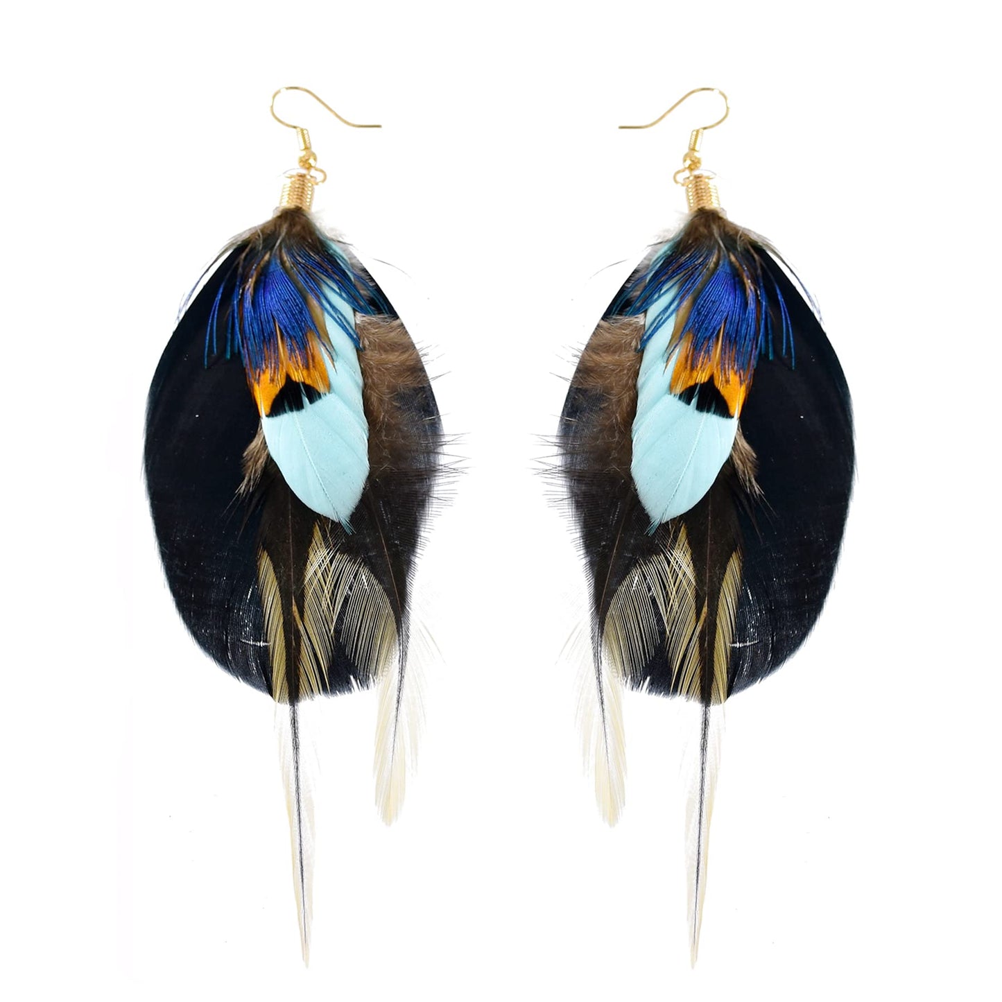 Punk Vintage Long Tassel Feather Beads Drop Wolf Tooth Pendant Earring Fish Hook Earrings Brown A