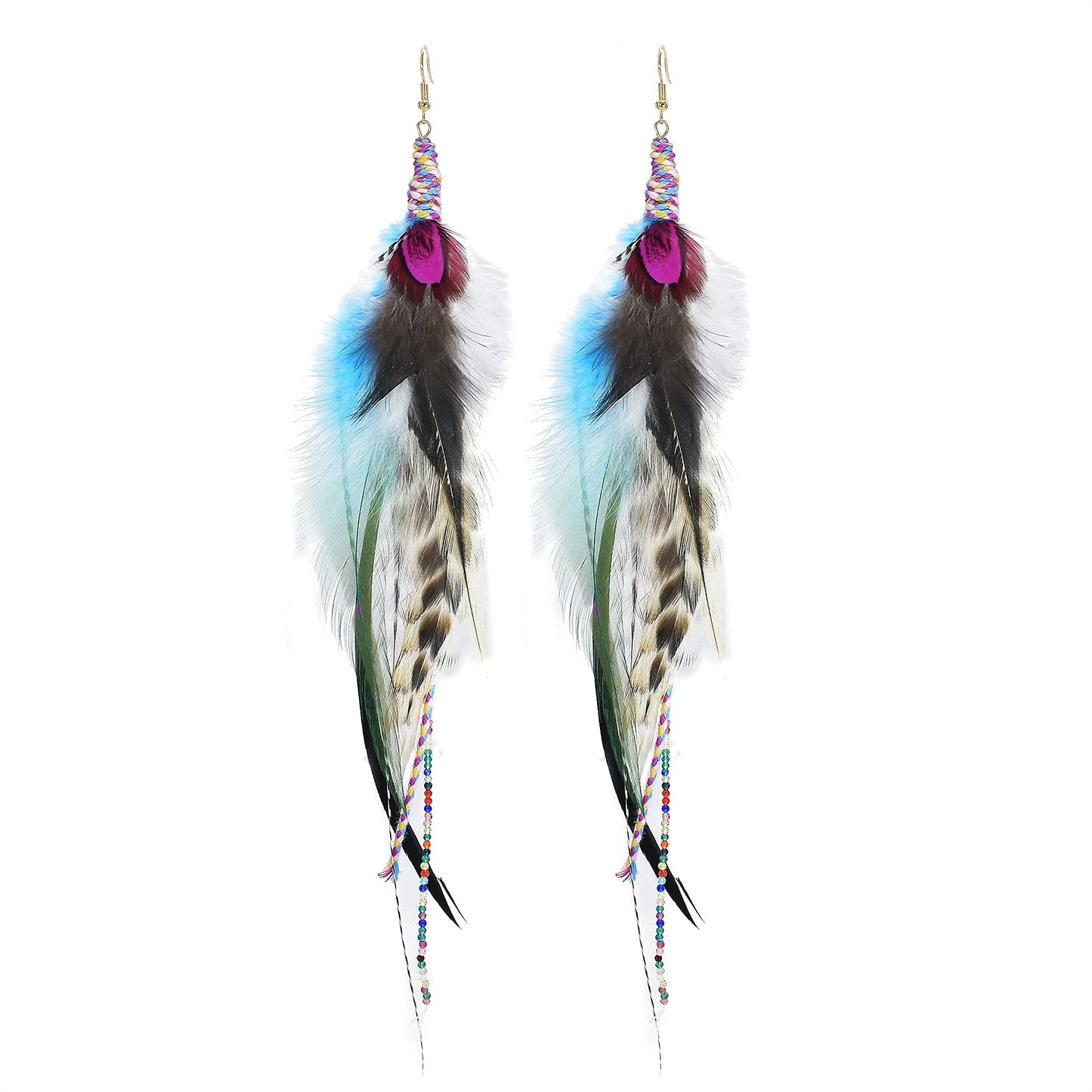 Punk Vintage Long Tassel Feather Beads Drop Wolf Tooth Pendant Earring Fish Hook Earrings Brown A