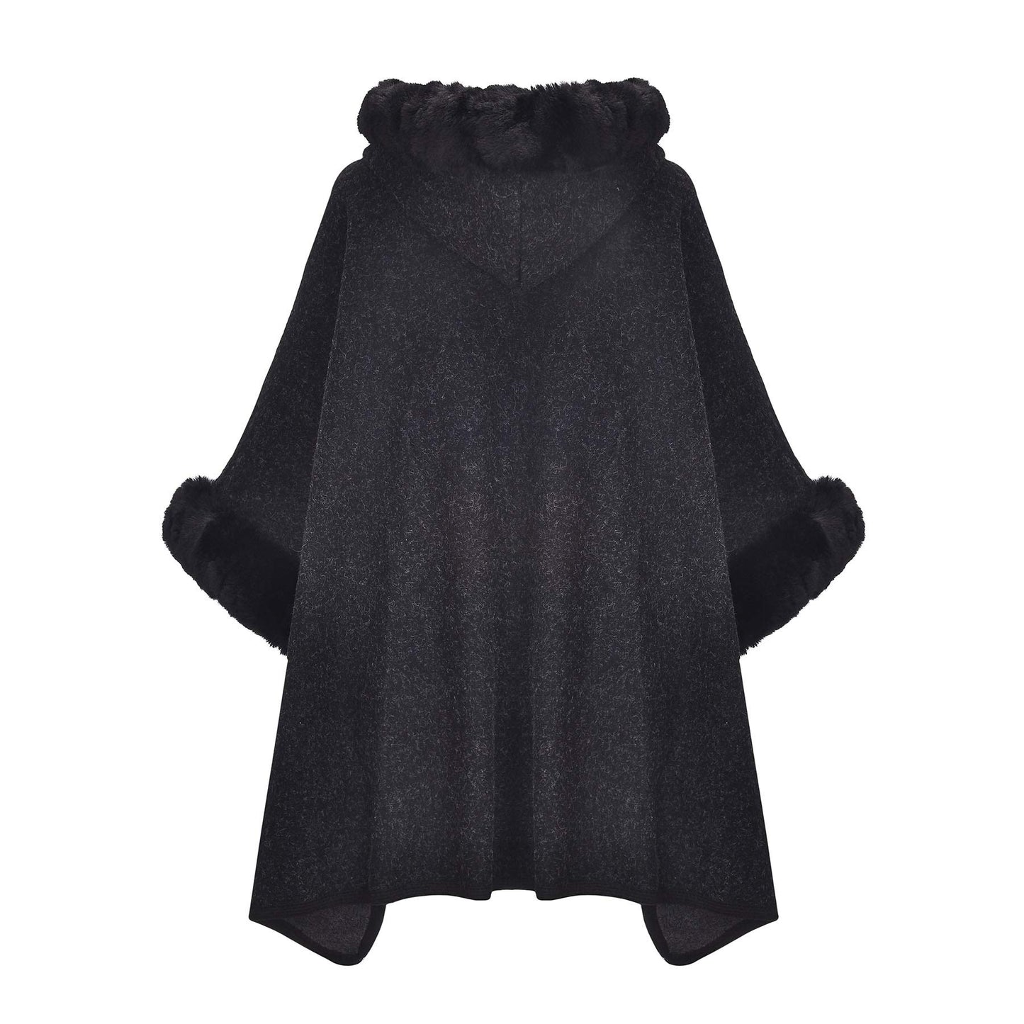 Women Winter Fashion Faux Fur Trim Layers Hooded Cardigan Warm Cape Sweater Cloak Navy