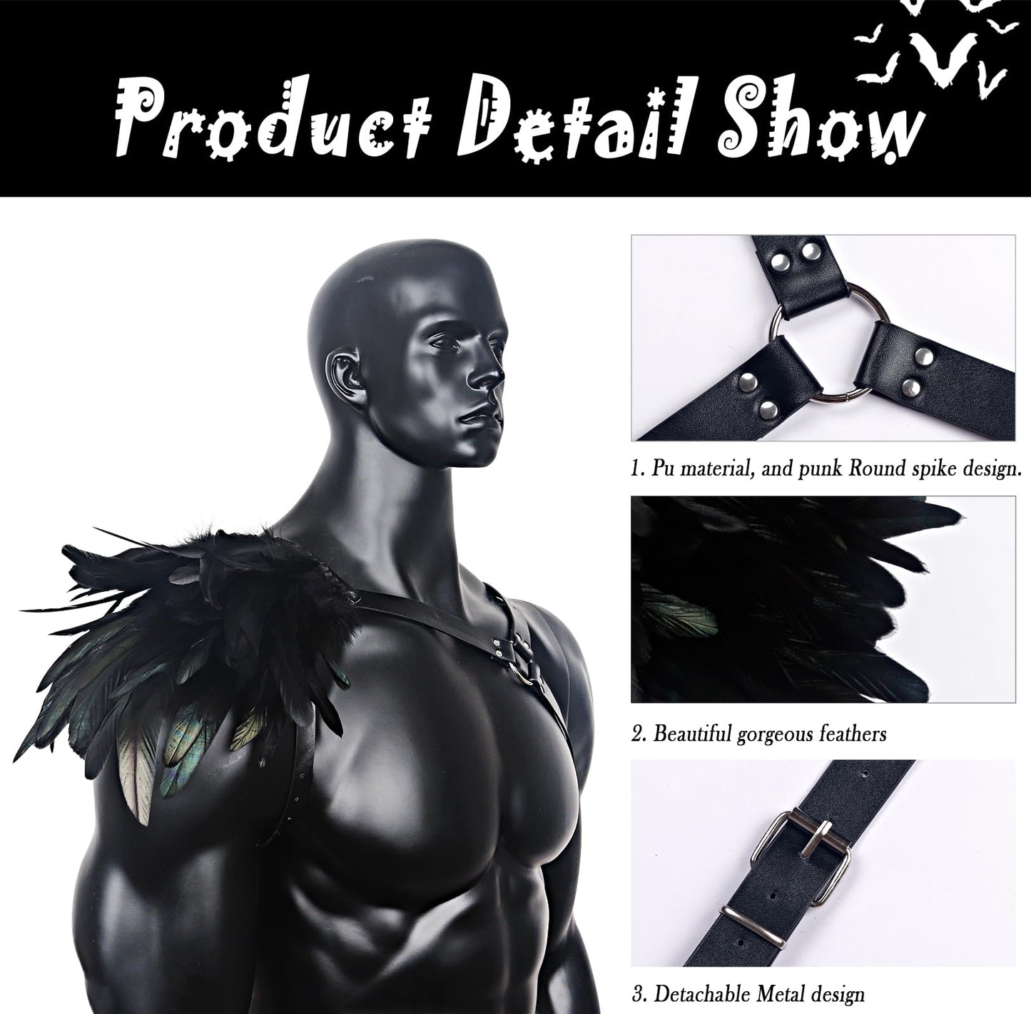 L'VOW Gothic Feather Harness Costume for Men Adjustable Faux PU Leather Shoulder Armor Medieval Guards for Halloween Cosplay Black