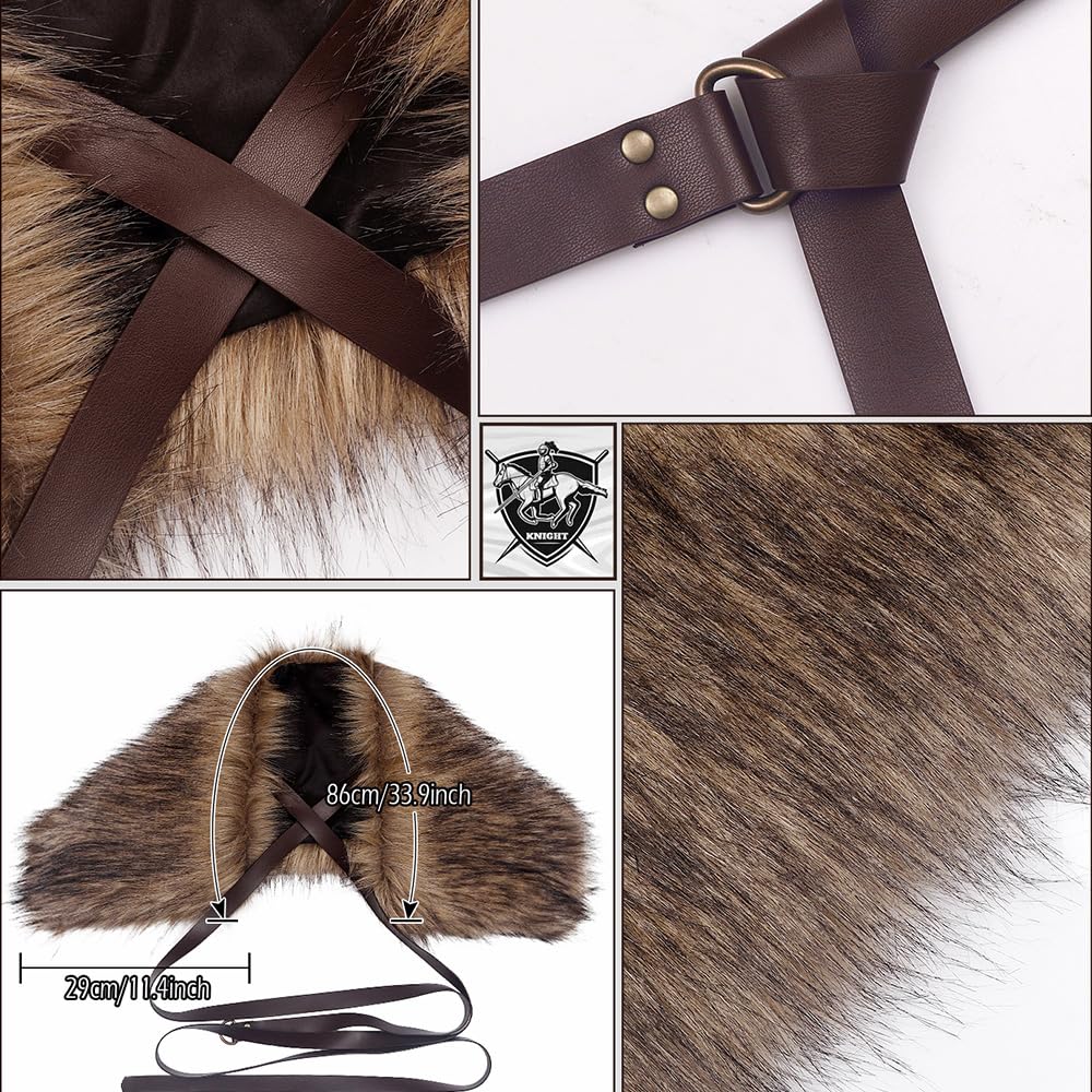 L'VOW Men's Viking Fur Collar Medieval Renaissance Wrap King Warrior Cape Shawl Halloween LARP Winter Cosplay Costume Brown-1