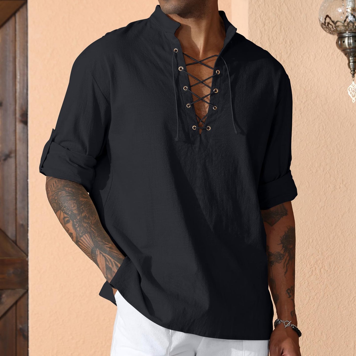 Men's Cotton Linen Shirt Drawstring Arm Banded Tops Medieval Viking Pirate Renaissance Halloween Costume 1X Black