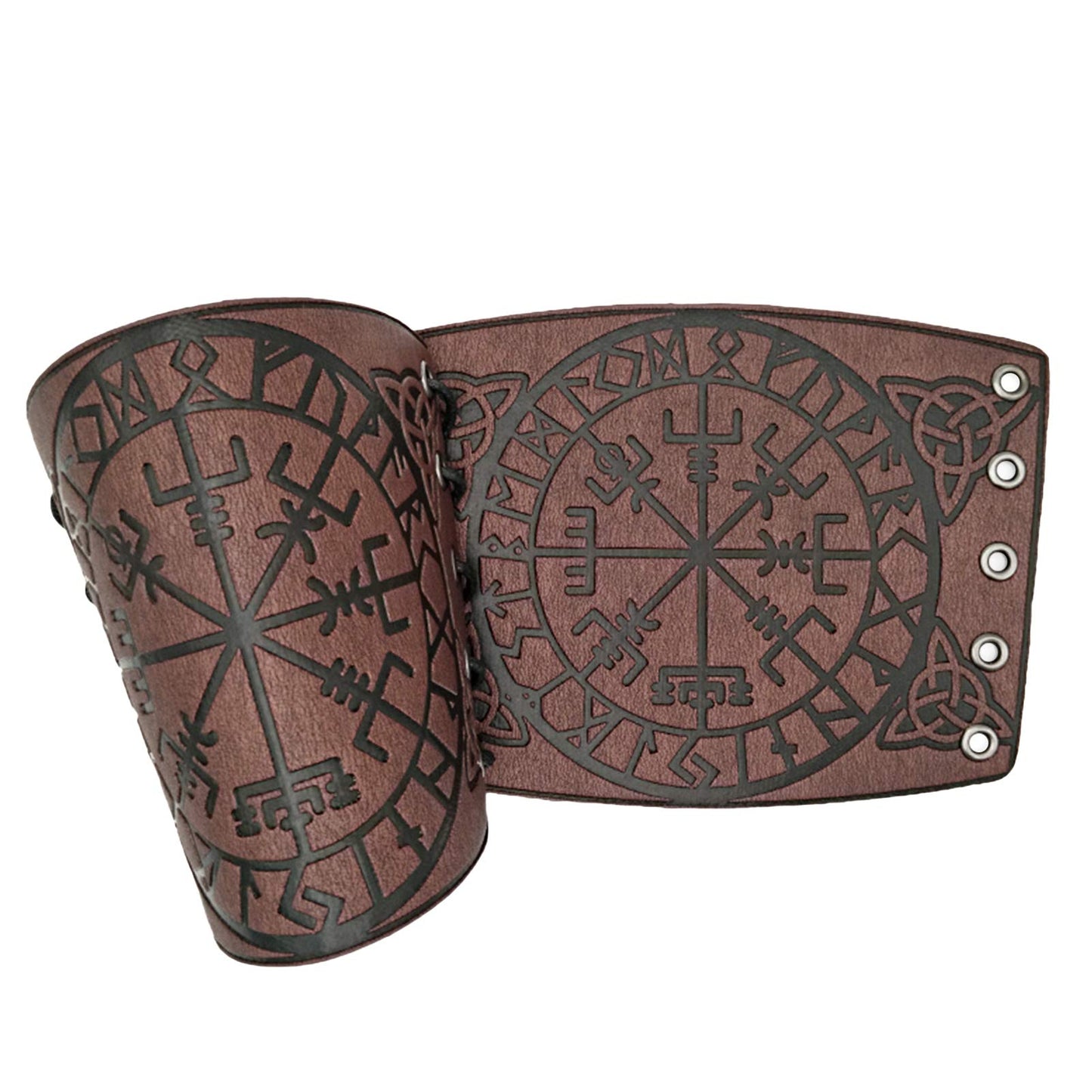 HiiFeuer Viking Vegvisir Embossed Leather Arm Armor 3 Colors LARP Gauntlet Leather Armor Bracer Brown