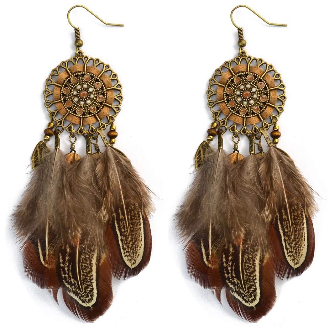 Punk Vintage Long Tassel Feather Beads Drop Wolf Tooth Pendant Earring Fish Hook Earrings Brown A