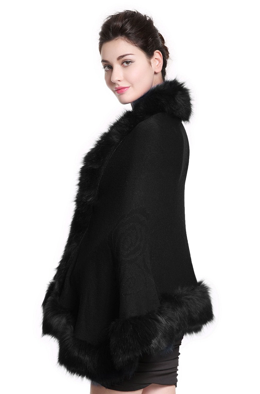 Faux Fur Shawl Wrap Stole Capelet Bridal Winter Wedding with Hook Hooded-black